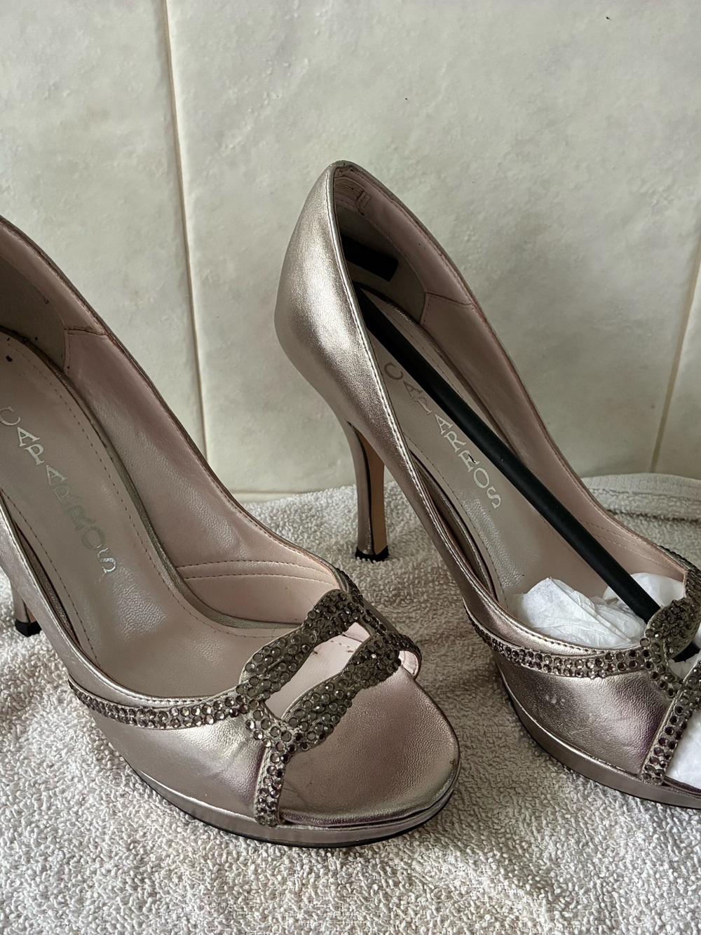 Caparros Metallic Rose Heels with Crystal-Trim Peep Toe 6 1/2